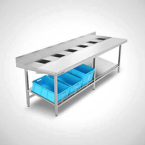 Cutting table / sorting table with discharge chutes type ZST-1-6, art. no. 20.00.23.00 with containers 