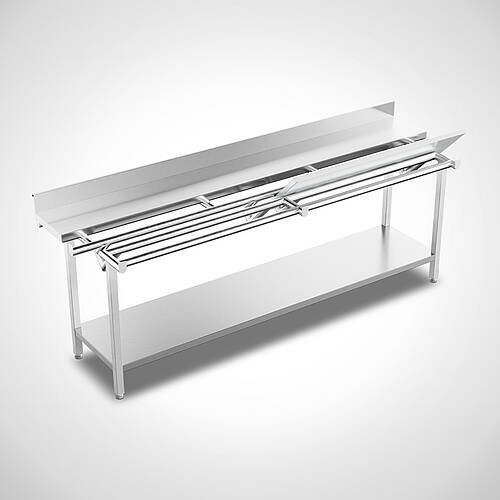 Ergonomischer Stufenarbeitstisch Highline aus Edelstahl mit weißer HDPE-Platte Typ SAH-B 240-70 HL, Art.-Nr. 30.00.06.78 