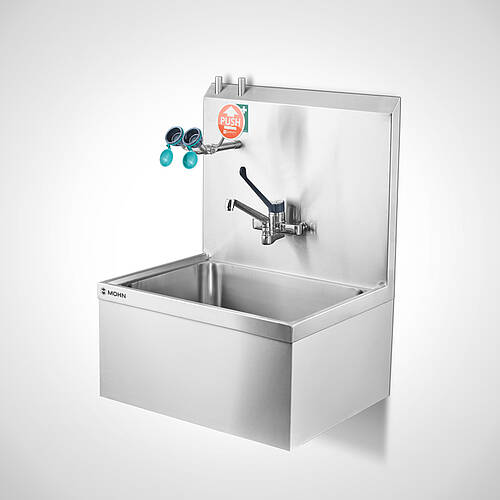 Wandhängender Teilewaschplatz Typ TW-K-W 75/59 SON mit optionalem Einhebelmischer und Augendusche, 25-60703-1.1 