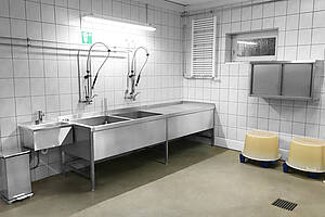 Spültisch Typ SPT-2B-MA mit Beckenverblendung und Abtropffläche rechtsseitig, ID 26-60037-6