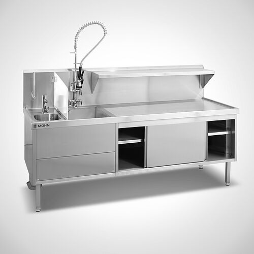 Stainless steel sink unit combination with 2 basins and splashback & sensor tap and dishwashing spray, ID no. 23-63360 