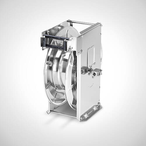 Automatischer Schlauchaufroller aus Edelstahl Typ ASA-HL 40/12e, Art.-Nr. 10.71.02.14 für max. 35 m max. aufrollbare Schlauchlänge (AD 23 mm) 