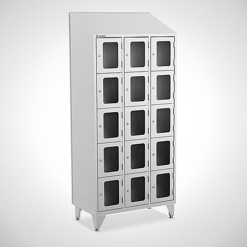 Stainless steel compartment locker with acrylic glass doors, type FSA5-AF-VA-EU, 3 compartments with 300 mm compartment width, item no. 46.10.05.54 