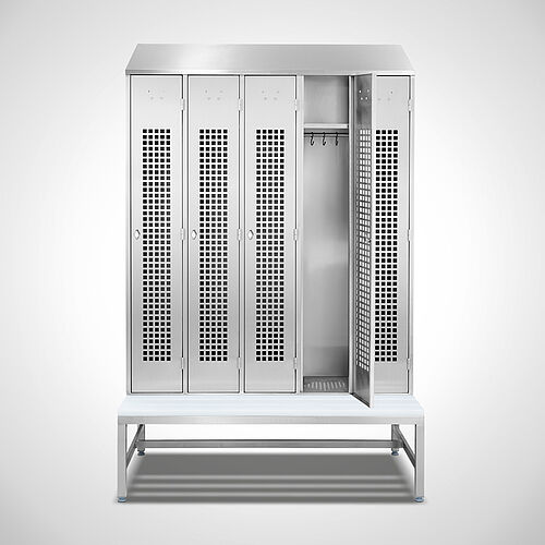 Locker made of stainless steel with bench Type GS1-SB-VA-EU 5/3 (5 compartments - 300 mm compartment width), art. no. 45.10.00.18 