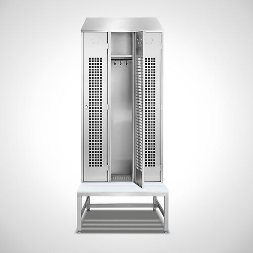 Locker made of stainless steel with bench Type GS1-SB-VA-EU 3/3 (3 compartments - 300 mm compartment width), art. no. 45.10.00.14 