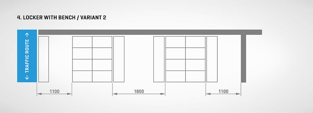 German workplace guideline (ASR 34/1-5) - Dimensioning and division of changing rooms for clothes cabinet with a bench - Variant 2 | Mohn GmbH