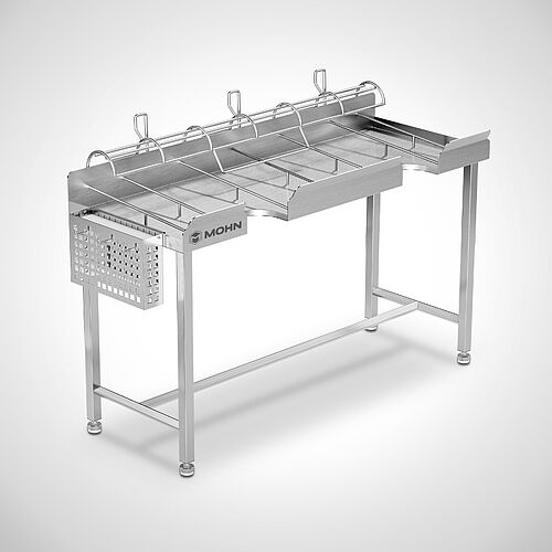 Peelertisch aus Edelstahl Typ PT-H 160-61, ID-Nr. 24-60349, Entnahmeöffnungen Wurstpuffer, Peelerschale umgeklappt 