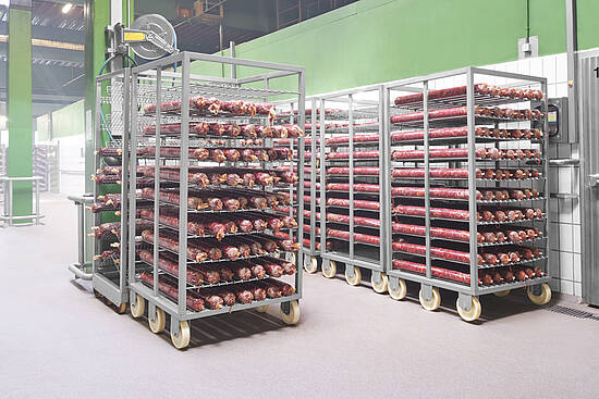 Sausage and cook trolleys in the meat industry