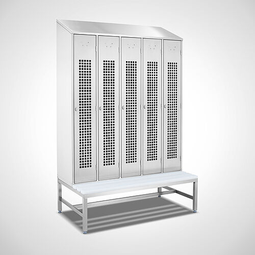 Locker made of stainless steel with bench Type GS1-SB-VA-EU 5/3 (5 compartments - 300 mm compartment width), art. no. 45.10.00.18 