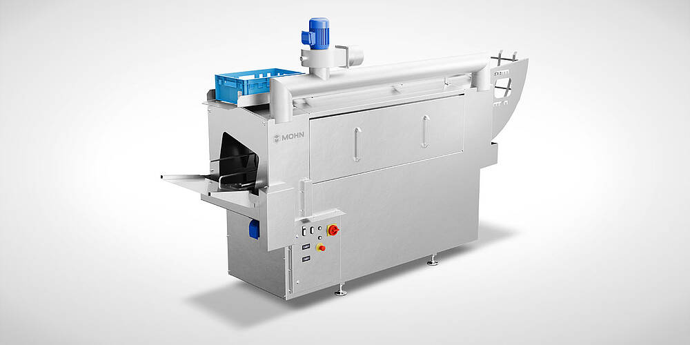 Kistenwaschmaschine (Behälterwaschanlage) Typ DLWA 250-Basic mit optionalem Kistenwender zur Ein-Personen-Bedienung und opt. Wrasenabsaugung inkl. Verrohrung, Art.-Nr. 11.10.03.10 + 11.10.03.16 + 11.10.00.81 