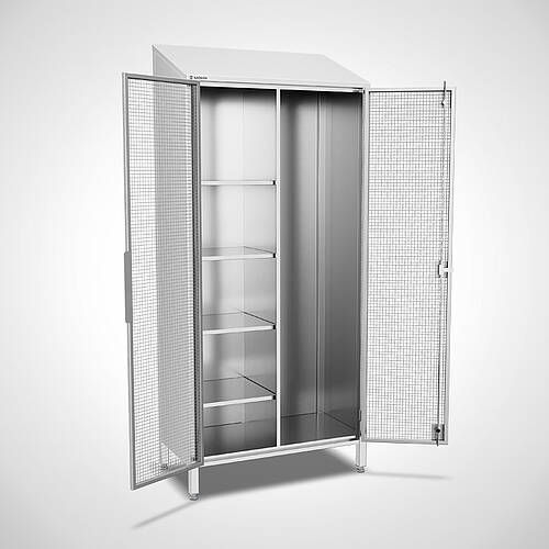 Gittertürenschrank mit Mitteltrennwand Typ ASDT-GT/S 95-50, Art.-Nr. 44.30.00.60, linksseitg mit 4 höhenverstellbaren Ablägeböden 