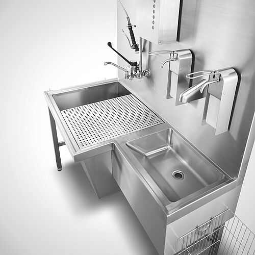 Teilewaschplatz Typ TW-G/S 150-70 SON mit Sensor-Handwaschbecken rechtsseitig sowie optionalen Armaturen und Spendern, Art-Nr. 12.00.00.65 