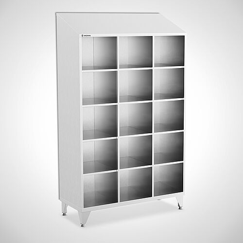 Open compartment locker made of stainless steel type FS5-AF-VA-EU-O-3-4 with 3 compartments in 400 mm compartment width, art. no. 45.10.06.55 