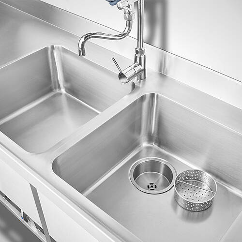 Stainless steel double sink unit type SPT-2B-MA-R-SON-297-80, with eccentric drain valve and strainer basket as well as dishwashing spray, ID no. 25-61951 