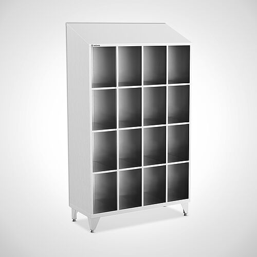 Open compartment cupboard made of stainless steel type FS4-AF-VA-EU-O-4-3 with 4 compartments in 300 mm compartment width, art. no. 45.10.06.36