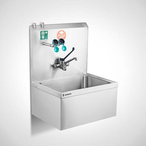 Wandhängender Teilewaschplatz Typ TW-K-W 75/59 SON mit optionalem Einhebelmischer und Augendusche, 25-60703-1.1 