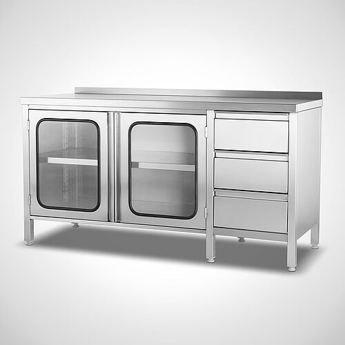Highline work cabinet made of stainless steel with drawer unit on the right, type AS-FZ-SR/ 140-60 Highline, art. no. 22.00.13.49 with rear upstand 