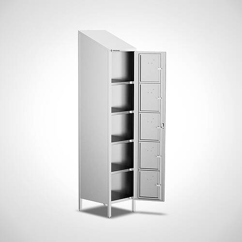 Abschließbarer Brotzeitschrank (Vesperschrank) aus Edelstahl Typ BZS 1/5 (1 Abteil mit 5 Fächern), Art.-Nr. 29.00.00.92 