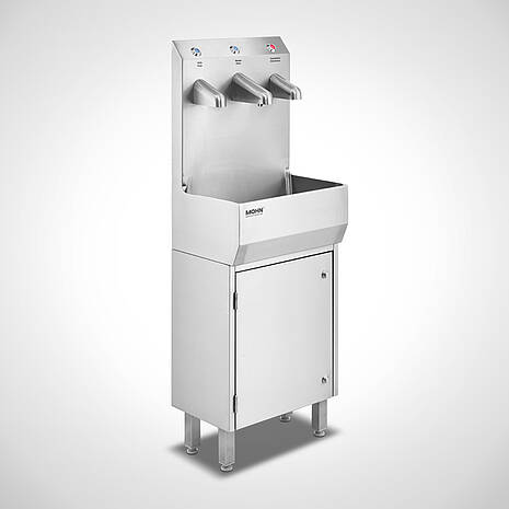 Edelstahl-Handwaschbecken "Cleancenter" mit 2 automatischen Spendern und Unterschrank | Mohn GmbH 