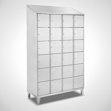 Edelstahl-Fächerschrank, frontseitig mit Türen und 6 Fächern übereinander