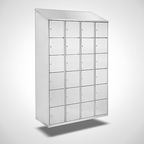 Edelstahl-Fächerschrank, frontseitig mit Türen mit 6 Fächern übereinander
