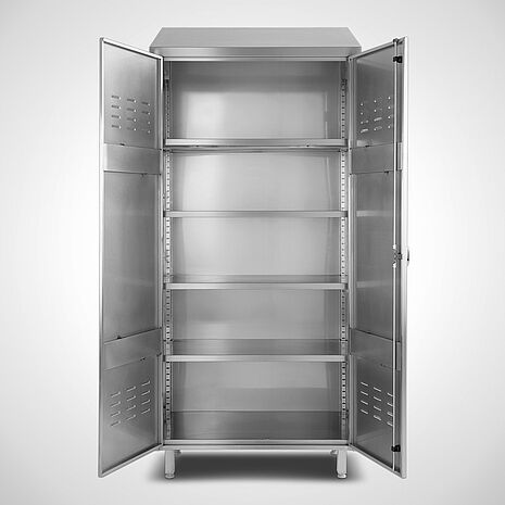 Edelstahl Ablageschrank mit 4 Fachböden und Fronttüren mit Sichtfenster Typ ASD-Highline | Mohn GmbH