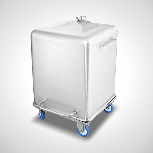 Lift- and tilting bin with hopper bottom type HBW-S-300-2-SON, Id. No. 22-62012-1 upside down on trolley, Id. No. 22-62012-2 