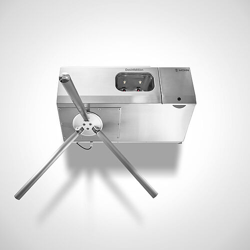 Disinfectant dispenser with rack and drop-arm turnstile Type Desi-Control SL-Droparm-1 "Ecoline, pass-through direction from left to right, item no. 11.10.07.80 