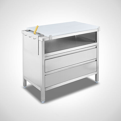 Drawer cabinet made of stainless steel with knife holder and plastic cutting plate (HDPE) Type K-SCS-SON 100-60, item no. 20.00.11.13 