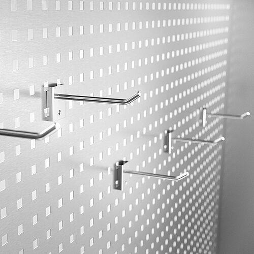 Tool cabinet: Interior rear panel with square perforations and optional brackets (single hooks) 