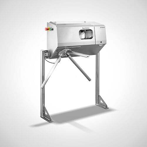 Disinfectant dispenser with rack and drop-arm turnstile Type Desi-Control SR-Droparm-1 "Ecoline, pass-through direction from right to left, item no. 11.10.07.78 