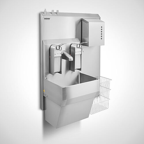 Hygiene wall for high risk areas with highline wash basin Type HW-HWB-HL-1, art. no. 11.00.00.37 with optional medium cover facing, art. no. 12.00.01.41, medium supply „Power“ and "water" from top, art. no. 12.00.01.37 resp. 12.00.01.38 