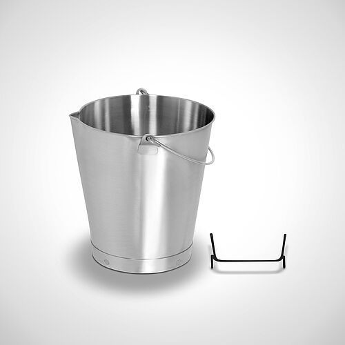 Stainless steel bucket with reinforced floor band and snout 