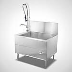 Sink unit cabinet with dish shower and eccentric drain valve operation control 