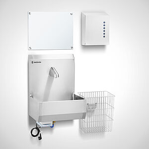 Highline hand wash basin with stainless steel mirror, 40 litre paper basket and hand towel dispenser 