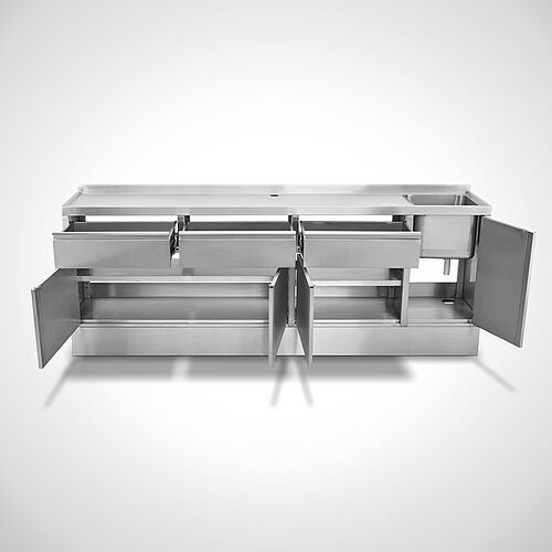 Stainless steel sink cabinet special design with drawers, hinged doors, 1 basin and baseboard, ID 21-63749.8 