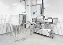Hygiene Station Type Check-In-Station II with external control cabinet and railing gate system with magnetic locking system, ID 20-63020 