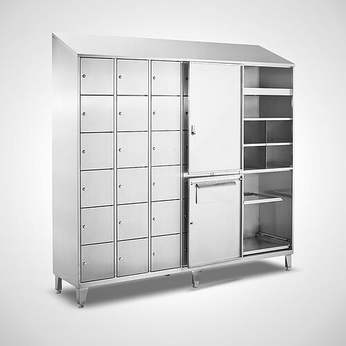 Compartment cupboard with storage compartments for disposable clothes made of stainless steel Type FS6-AF-VA-G-SON, ID 21-65441 