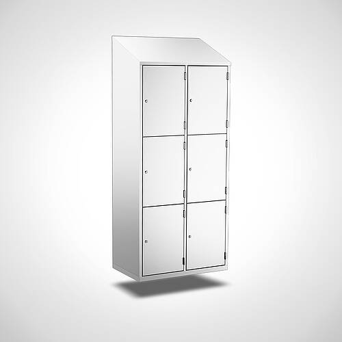 Wall-mounted compartment cupboard with doors made of stainless steel Type FS3-WH-VA-EU-G, 6 compartments with compartment width 400 mm, item no. 45.10.05.03 