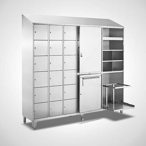 Compartment cupboard with storage compartments for disposable clothes made of stainless steel Type FS6-AF-VA-G-SON, ID 21-65441 