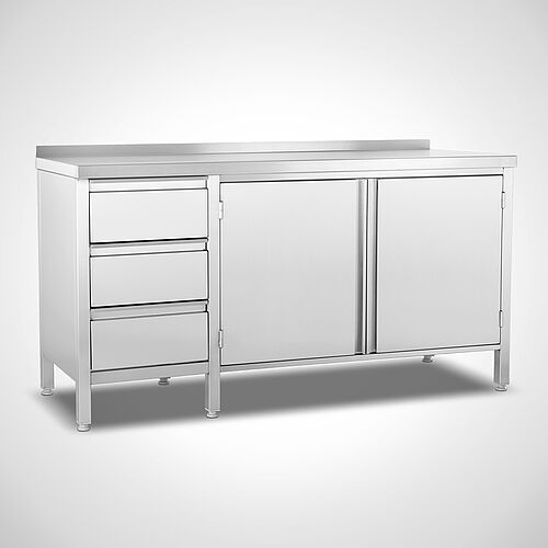 Stainless steel work cabinet with drawer unit at the side, type AS-FZ-SL 140-60, art. no. 22.00.11.54, with rear worktop upstand 