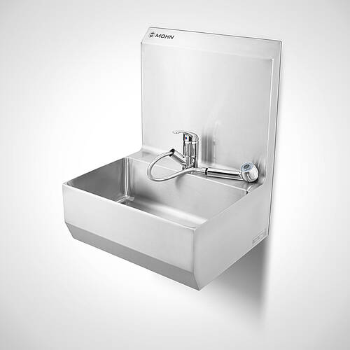 Edelstahl-Handwaschbecken mit Einhebel-Mischbatterie mit schwenkbarer Armatur und ausziehbarer Schlauchbrause Typ HWB-HL 1/G + EHMB-1, Art.-Nr. 12.00.12.50