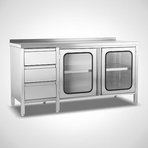Stainless steel work cabinet with drawer unit at the side, type AS-FZ-SL/H 140-60 Highline, art. no. 22.00.12.32, with rear worktop upstand 