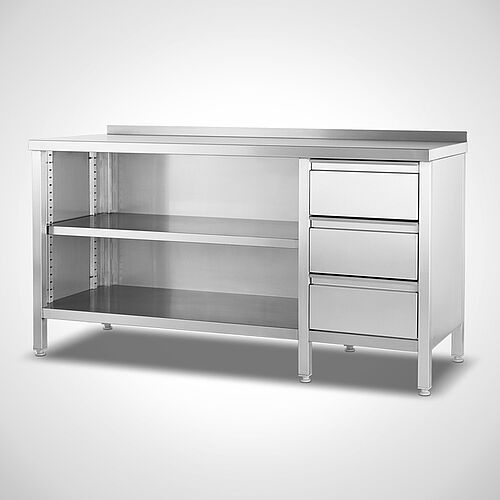 Stainless steel work cabinet with drawer unit on the right, type AS-OZ-SR 140-60, art. no. 22.00.13.10, with rear worktop upstand 