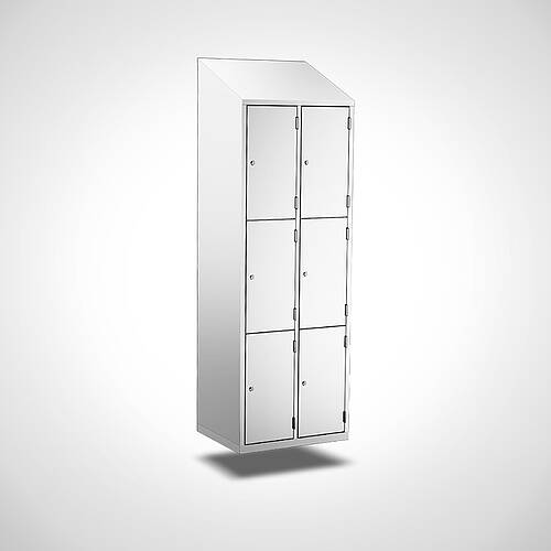 Wall-mounted compartment cupboard with doors made of stainless steel Type FS3-WH-VA-EU-G, 6 compartments with compartment width 300 mm, item no. 45.10.05.02 