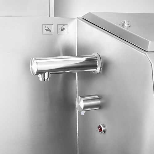 Hygiene-Station Clean-Station Type CSD Highline, detail contactless taps for soap and water 