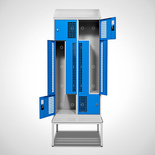 Z-shape locker with bench mounted below Type GSZ-SB-ST-EU 2.4, item no. 45.00.07.07