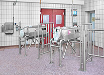 Entrance area hygiene station: 2-hand soap dispenser with turnstile in combination with railing and chicane