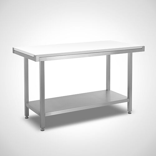 Universal work table made of stainless steel with shelf and white plastic cutting plate type UTFI-B