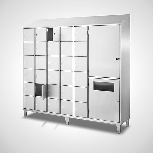 Compartment cupboard with storage compartments for disposable clothes made of stainless steel Type FS6-AF-VA-G-SON, ID 21-65441 